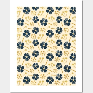 Abstract Floral Pattern in Navy Blue, Mustard Yellow and Cream Posters and Art